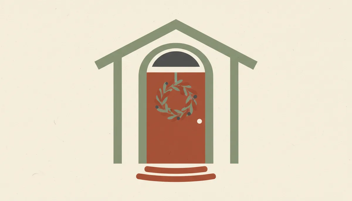 Illustration of a front door with a dried-flower wreath