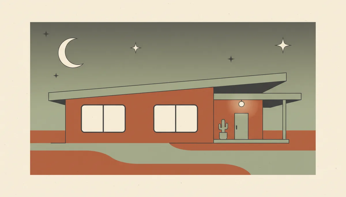 Illustration of a desert home at dusk with a warm porch light