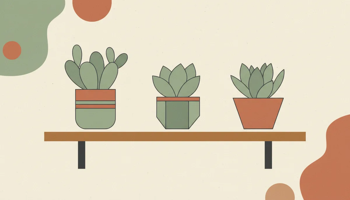 Illustration of potted succulents on a wooden shelf
