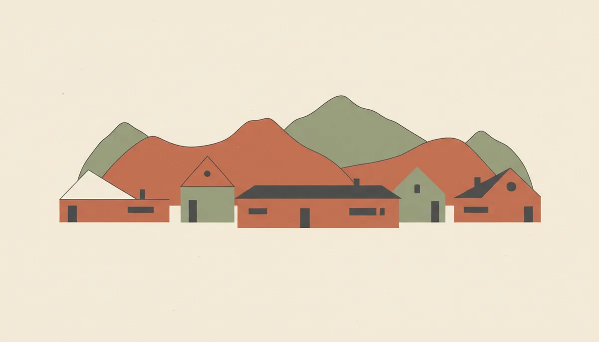 Illustration of a quiet neighborhood with mountains in the distance